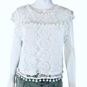 Lace Embroidered Short Sleeve Pom Pom Blouse White Coquette